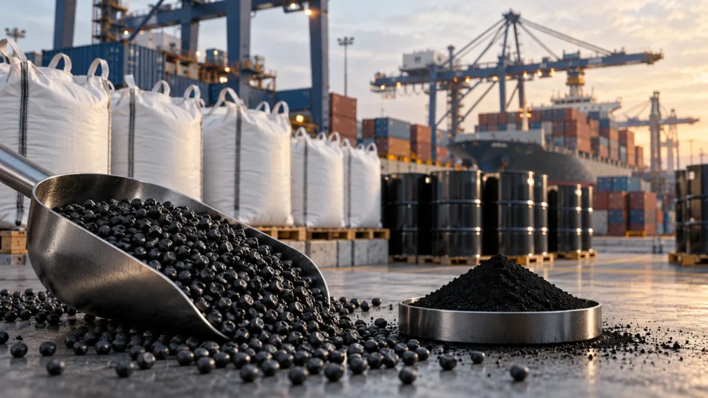 Carbon black pellets and powder with bulk bags, drums and a container terminal in the background
