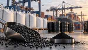 Carbon black pellets and powder with bulk bags, drums and a container terminal in the background