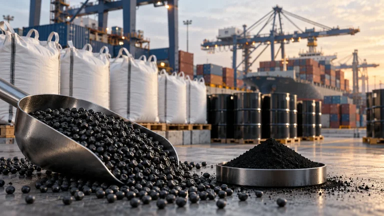Carbon black pellets and powder with bulk bags, drums and a container terminal in the background