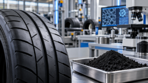 کربنبلک بازیافتی در کنار تایر نسل چهارم و تجهیزات آزمایشگاهی | Recovered carbon black beside a GEN4 tyre and laboratory testing equipment | كربون أسود مسترجع بجوار إطار من الجيل الرابع ومعدات اختبار مخبرية