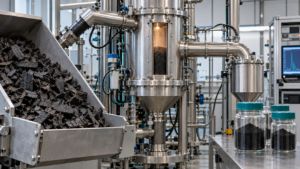 سامانه آزمایشگاهی پیرولیز تایر فرسوده و نمونههای کربنبلک پیرولیزی | Laboratory tyre pyrolysis system with recovered pyrolytic carbon black samples | نظام مخبري للتحلل الحراري للإطارات مع عينات كربون أسود انحلالي مسترد