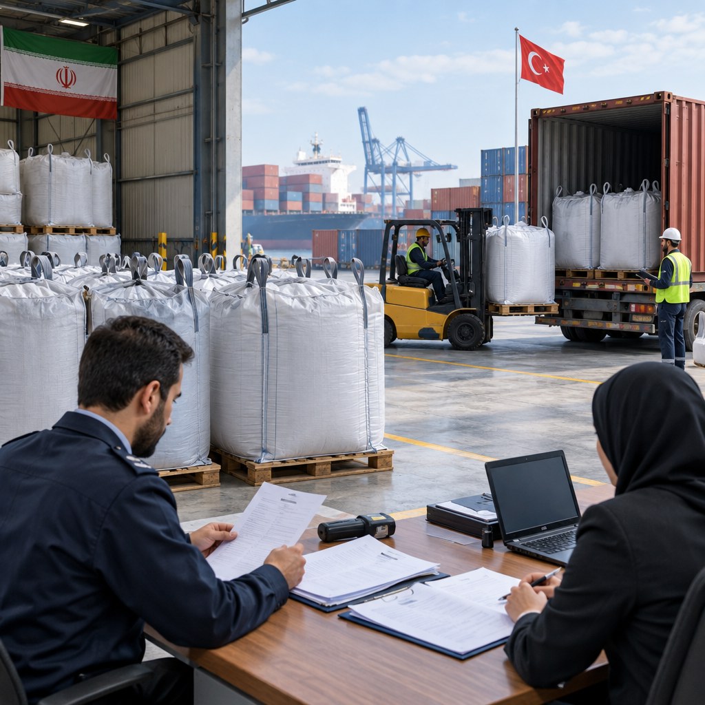 Conceptual illustration of carbon black export logistics and documentation between Iran and Türkiye