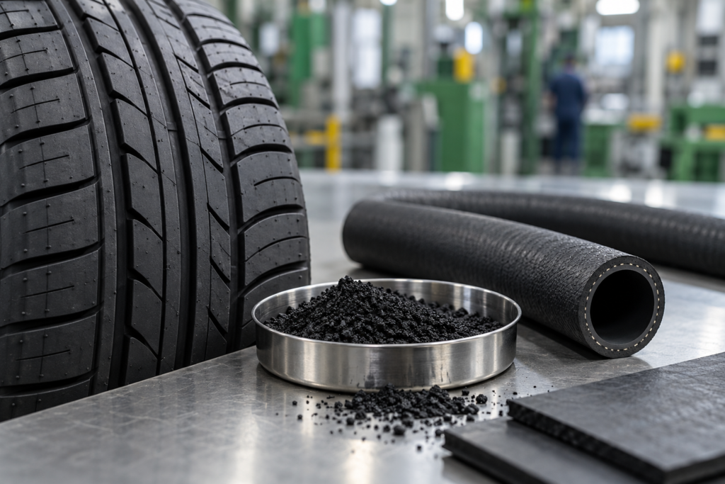 کربن بلک در کنار تایر و قطعات لاستیکی صنعتی | Carbon black with tire and industrial rubber components