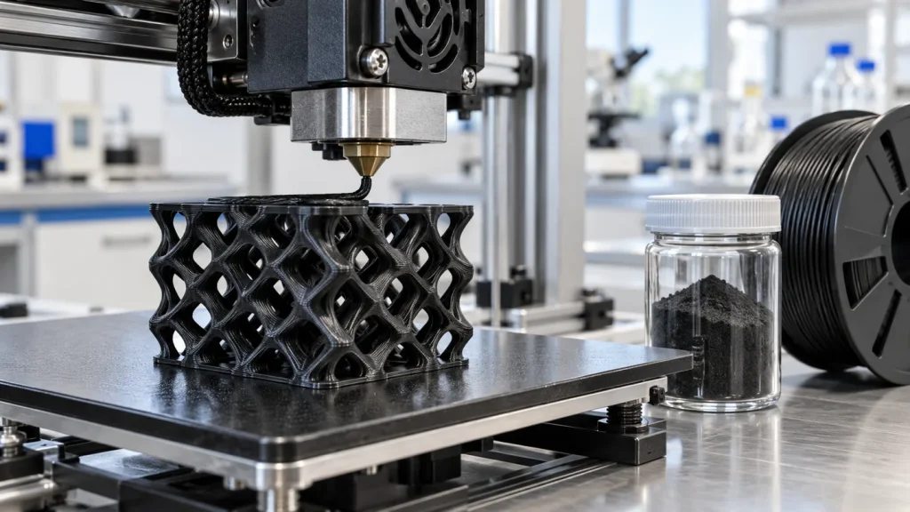 Extrusion 3D printer building a black polymer lattice beside filament and a carbon powder sample jar