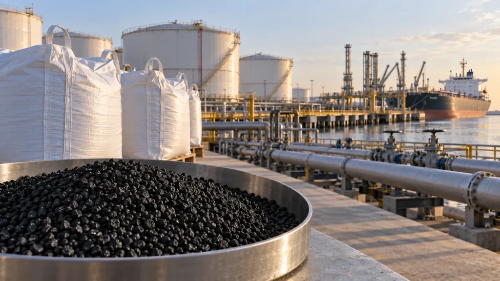Industrial carbon black pellets and bulk bags with oil storage tanks and a cargo terminal behind them