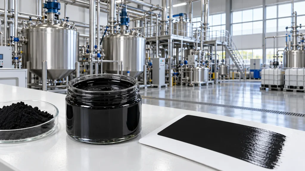 Black pigment and dispersion samples on a laboratory bench in a water-based paint production hall