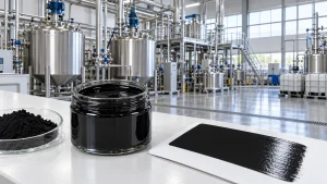 Black pigment and dispersion samples on a laboratory bench in a water-based paint production hall