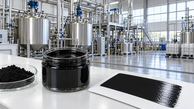 Black pigment and dispersion samples on a laboratory bench in a water-based paint production hall