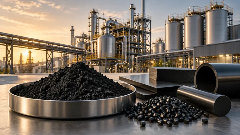 Carbon black powder and black polymer samples beside a modern industrial production facility