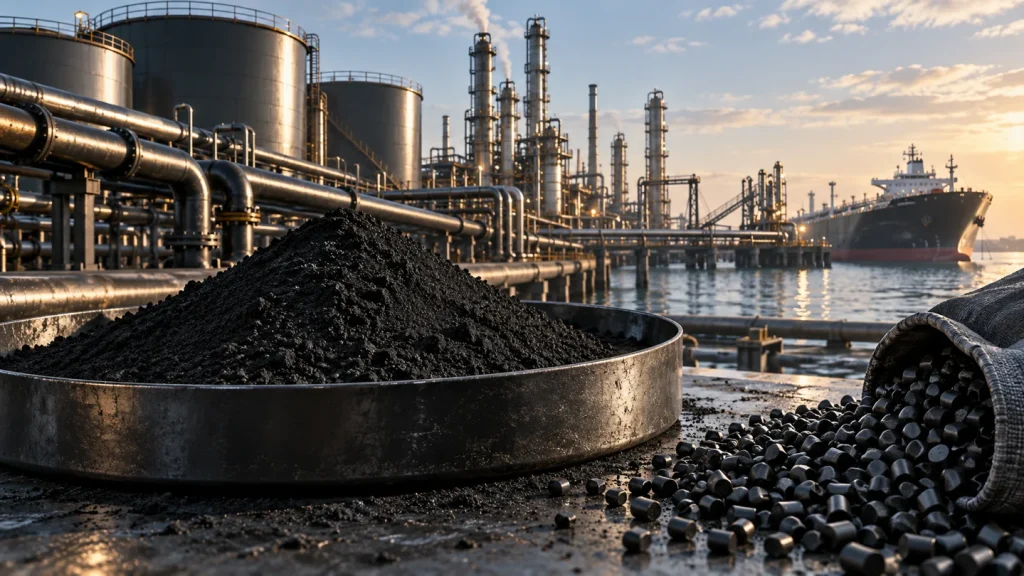 Carbon black powder and pellets with refinery tanks and a cargo vessel in the background