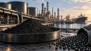 Carbon black powder and pellets with refinery tanks and a cargo vessel in the background