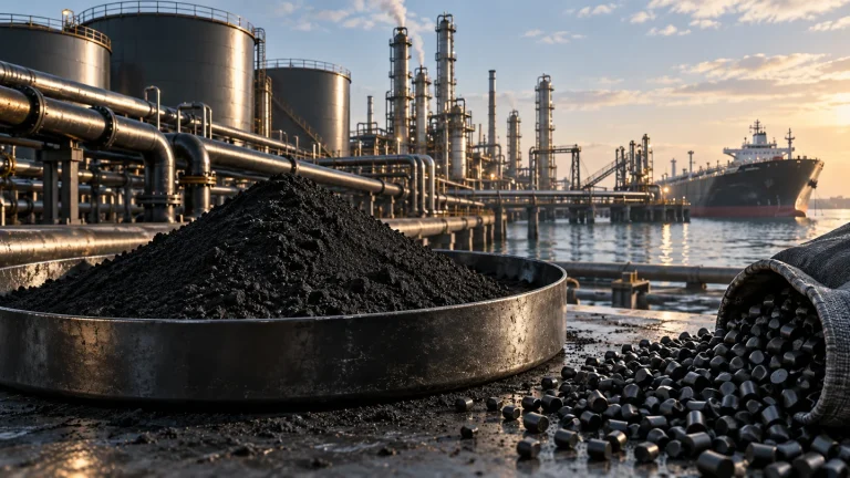 Carbon black powder and pellets with refinery tanks and a cargo vessel in the background