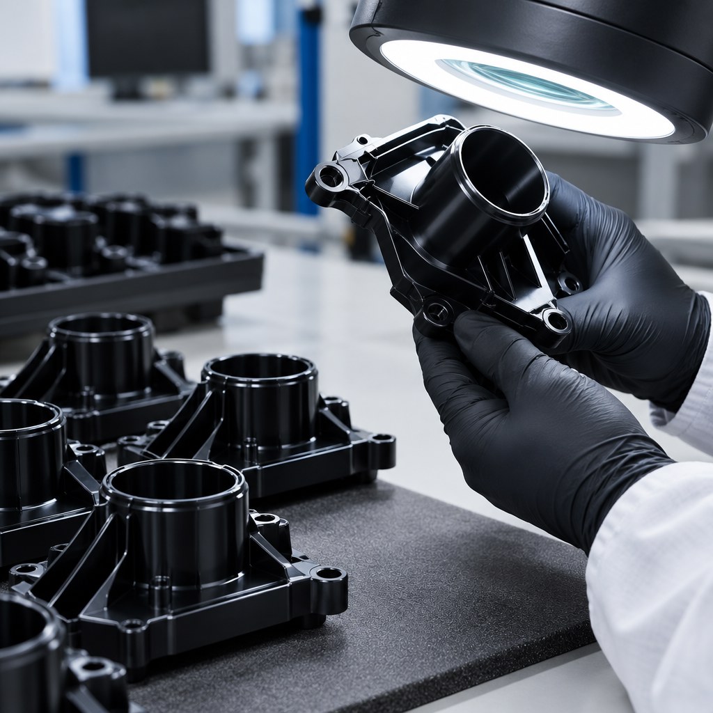Conceptual illustration of inspection of smooth black engineering plastic components